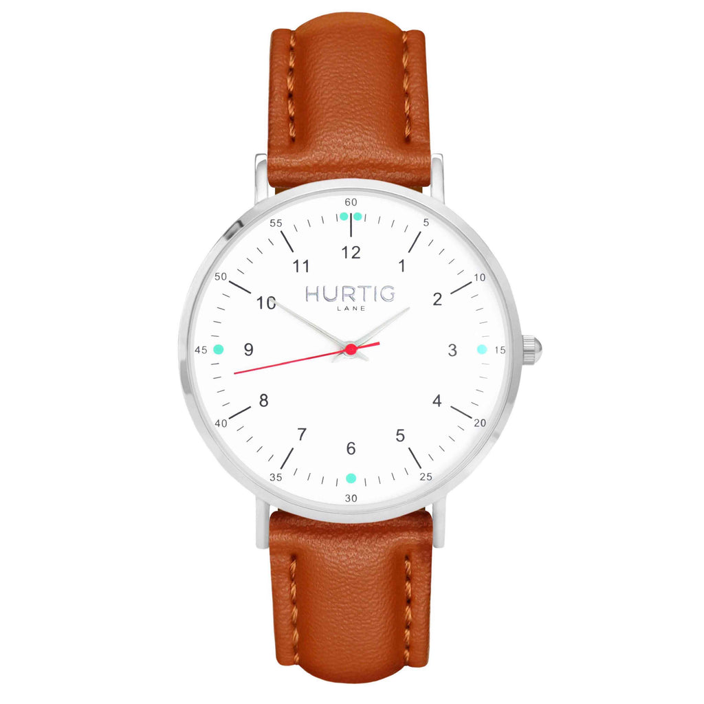 hurtig lane vegan leather watch silver, white and tan. Vegane uhren