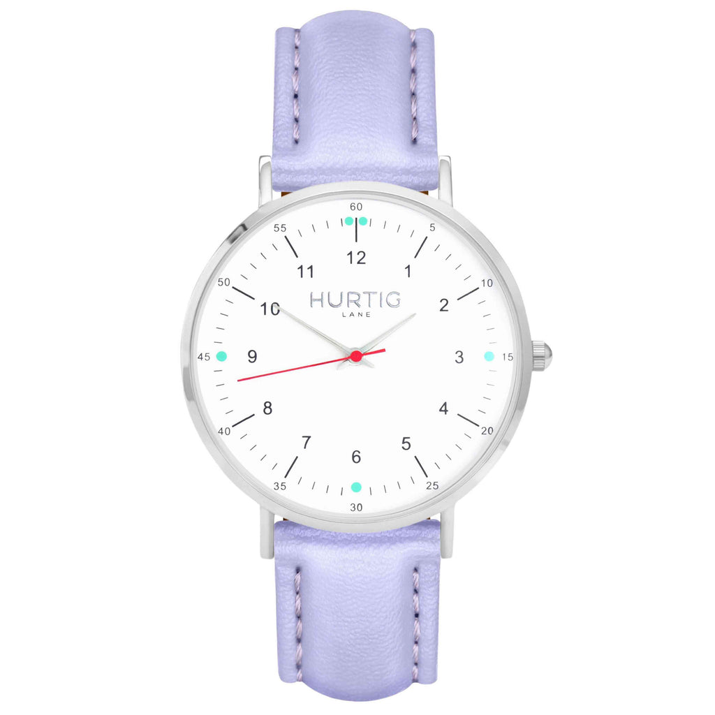 hurtig lane vegan leather watch silver, white & lilac vegane uhren