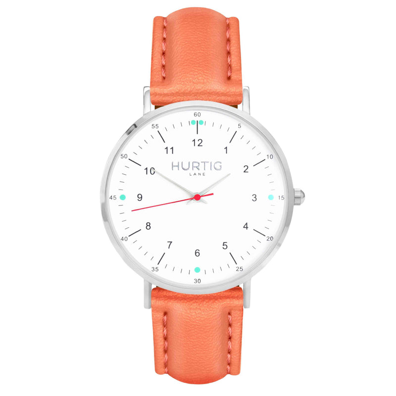 hurtig lane vegan leather watch silver, white and coral. Vegane uhren