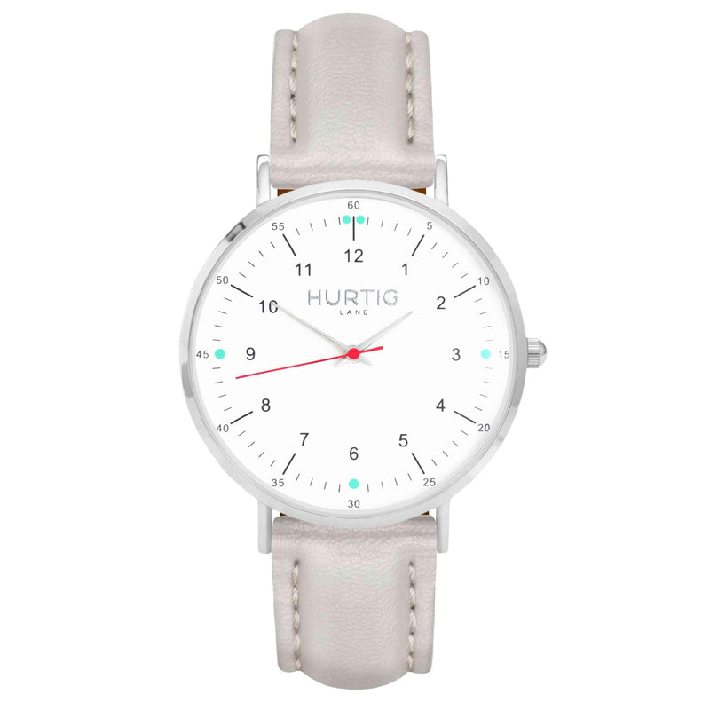 hurtig lane vegan leather watch silver, white and grey. Vegane uhren