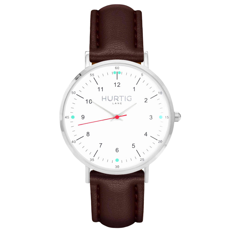 hurtig lane vegan leather watch silver, white & chestnut vegane uhren