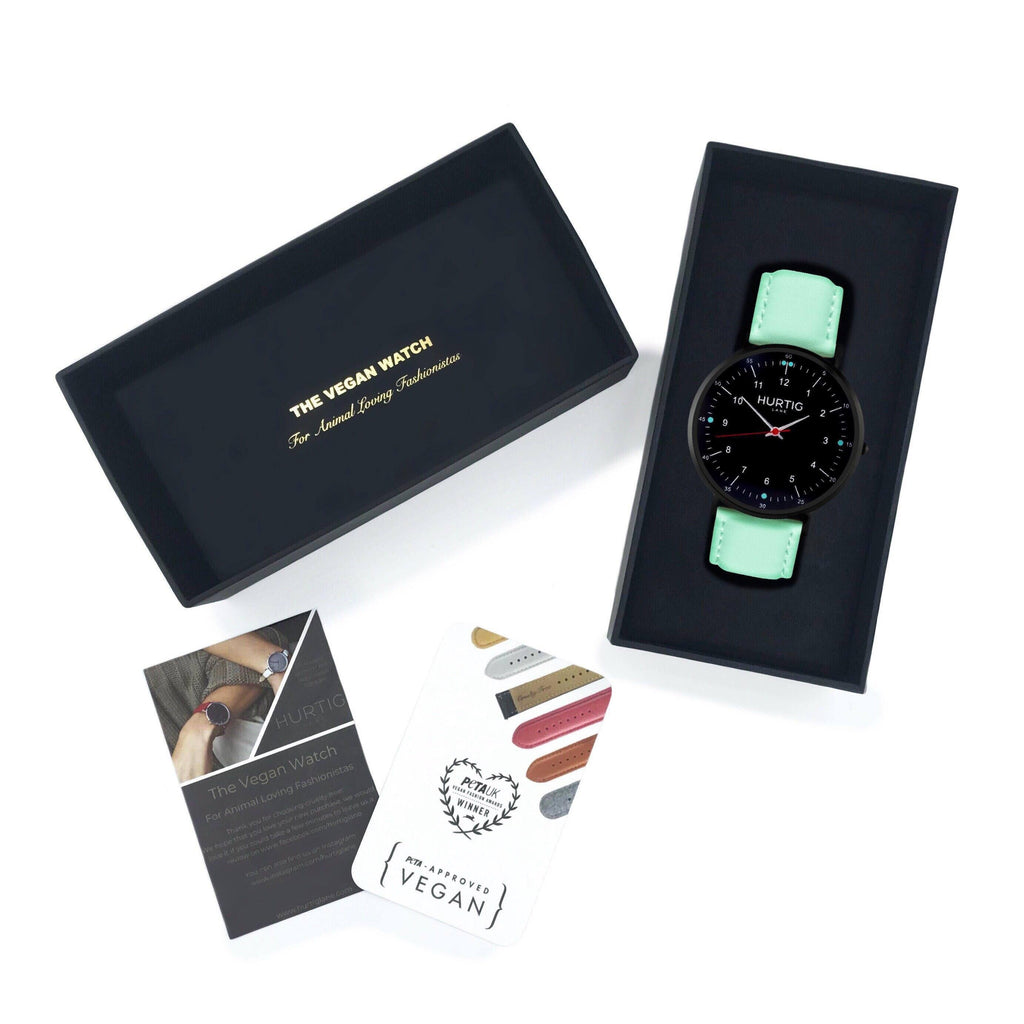 Moderna Vegan Leather Watch All Black & Mint Watch Hurtig Lane Vegan Watches