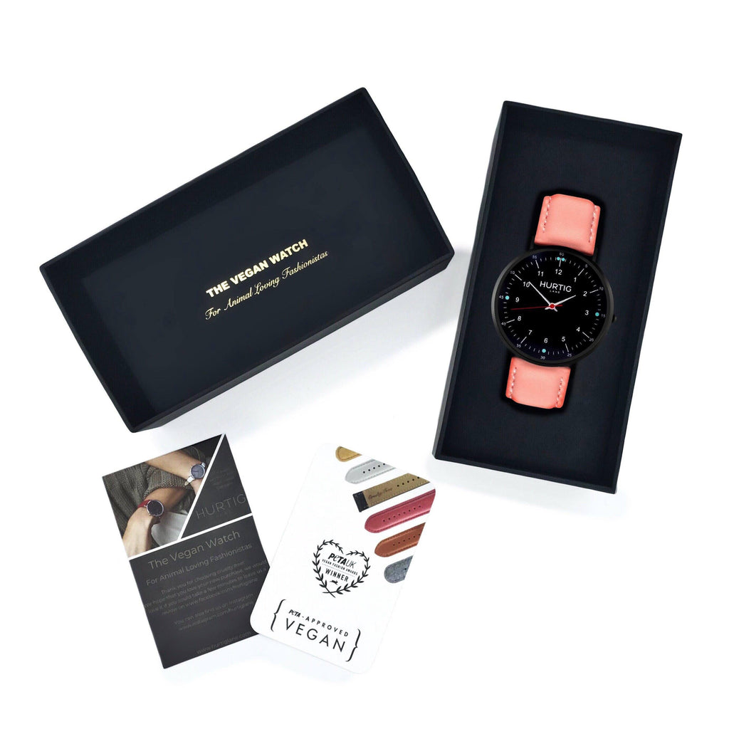 hurtig lane vegan leather watch black & coral vegane uhren