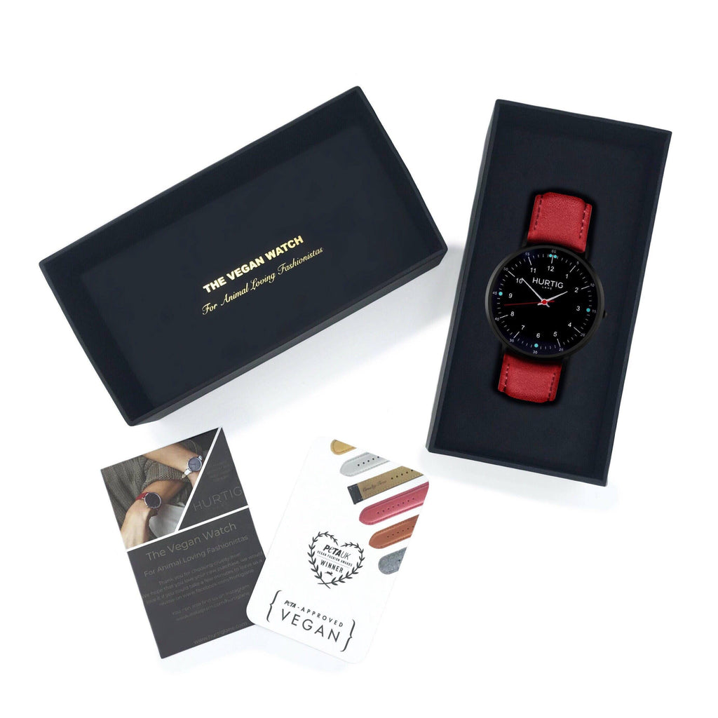 Moderna Vegan Leather Watch All Black & Cherry Red Watch Hurtig Lane Vegan Watches