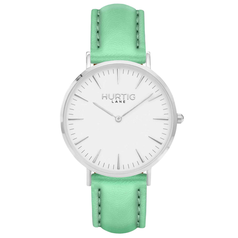 hurtig lane vegan watch silver, white and mint- vegane uhr