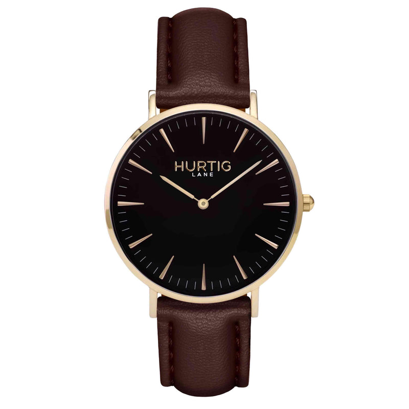 Mykonos Vegan Leather Watch Gold, Black and dark brown Watch Hurtig Lane Vegan Watches