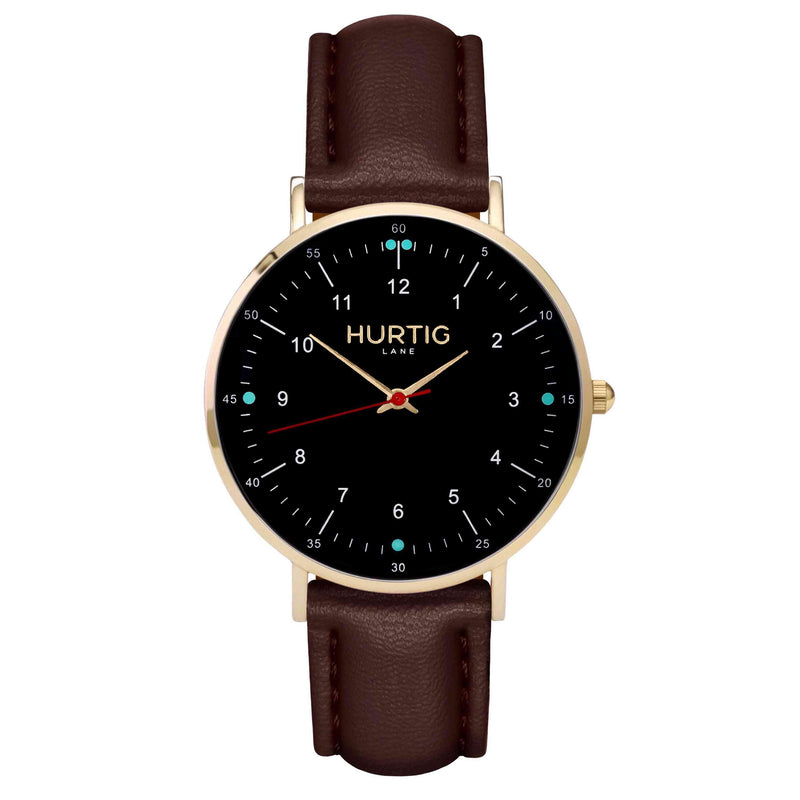 hurtig lane vegan leather watch gold,  black & chestnut vegane uhren