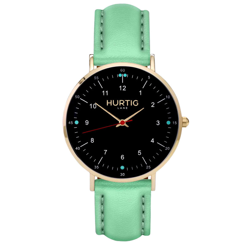 hurtig lane vegan leather watch gold,  black & mint vegane uhren