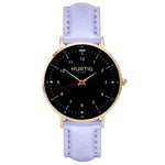 hurtig lane vegan leather watch gold,  black & lilac vegane uhren