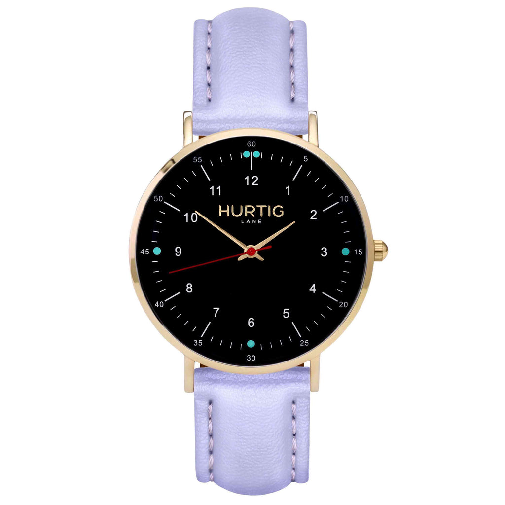 Moderna Vegan Leather Watch Gold, Black & Lilac - Hurtig Lane - sustainable- vegan-ethical- cruelty free