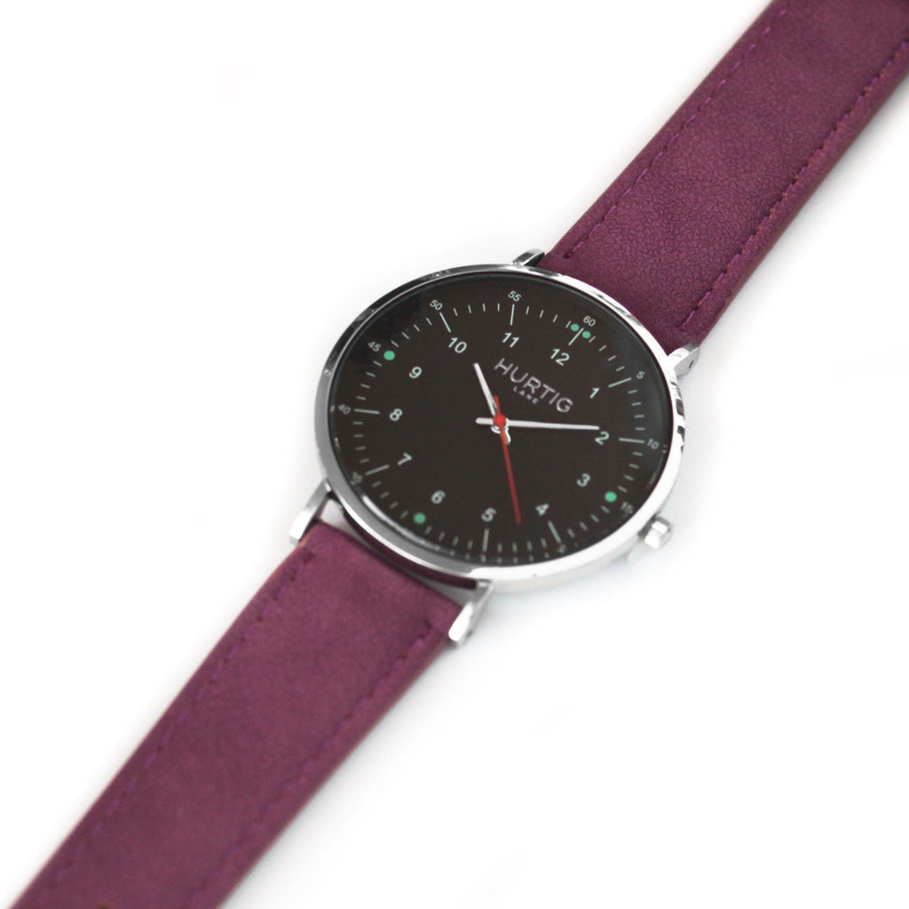 Moderna Vegan Suede Watch Silver, Black & Berry Watch Hurtig Lane Vegan Watches