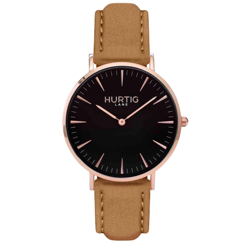 Hymnal Vegan Suede Watch Rose Gold, Black & Coral - Hurtig Lane - sustainable- vegan-ethical- cruelty free