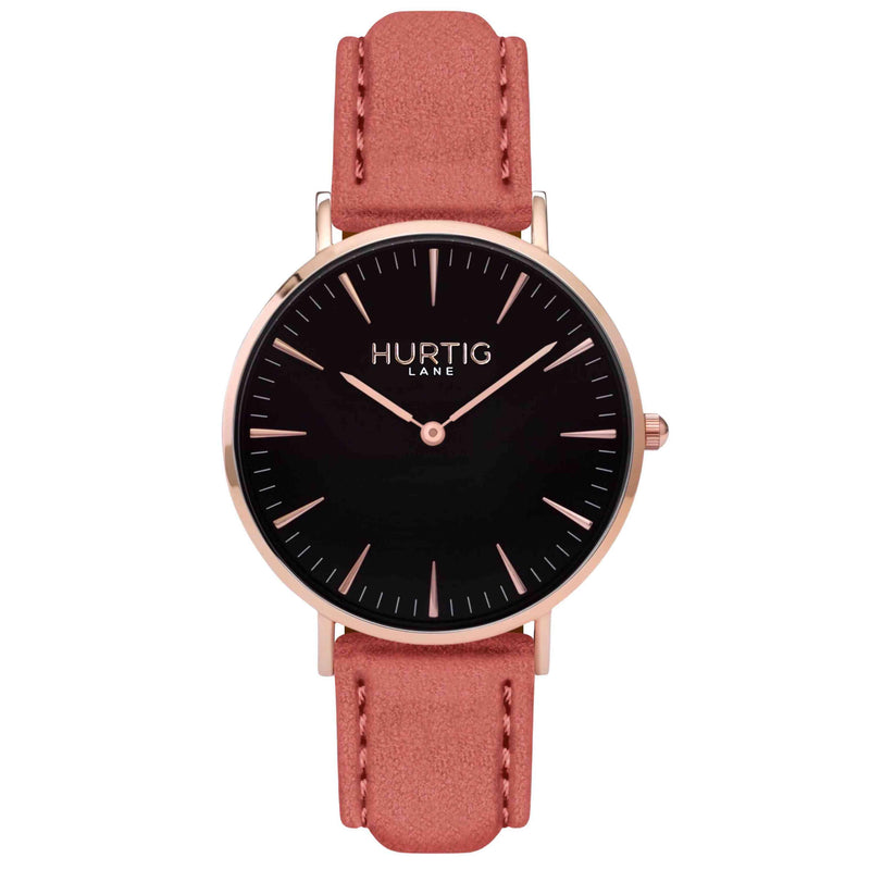 Hymnal Vegan Suede Watch Rose Gold, Black & Coral - Hurtig Lane - sustainable- vegan-ethical- cruelty free