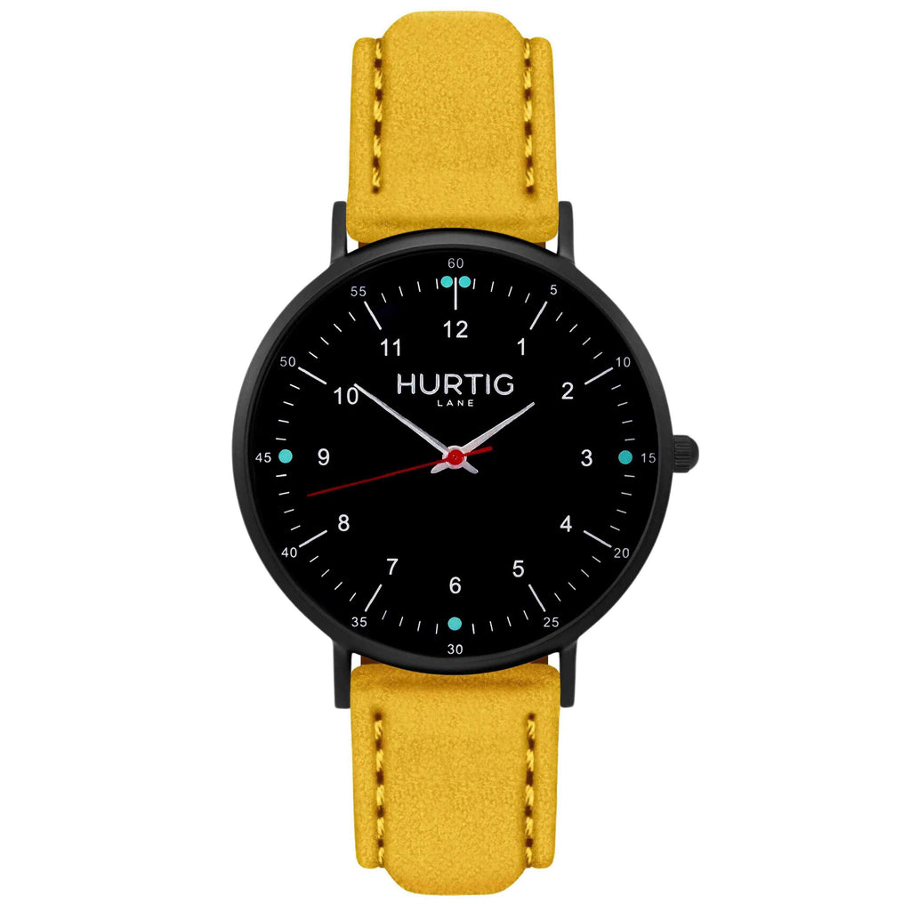 Moderna Vegan Suede Watch All Black & Mustard - Hurtig Lane - sustainable- vegan-ethical- cruelty free