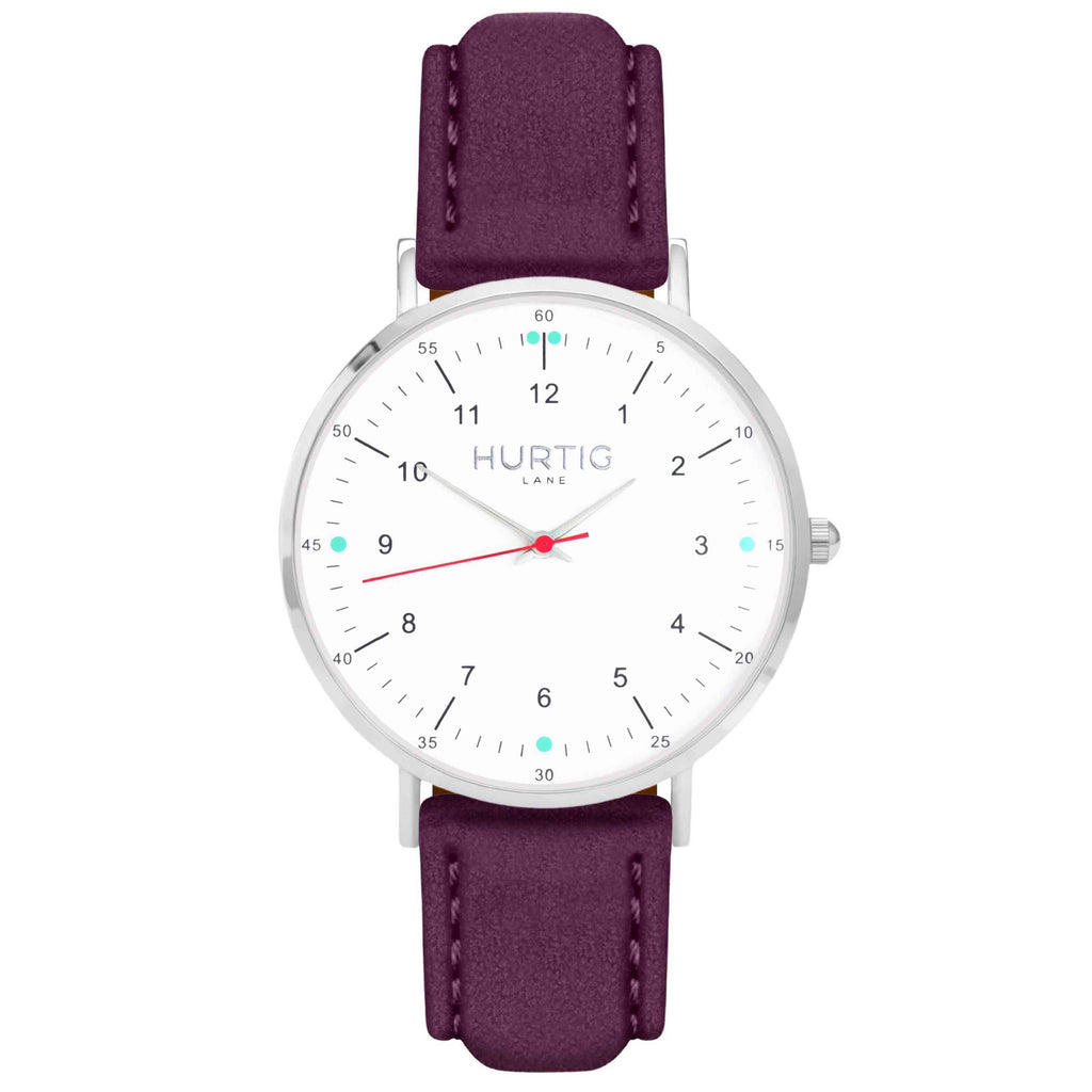 Moderna Vegan Suede Watch Silver, White & Berry Watch Hurtig Lane Vegan Watches