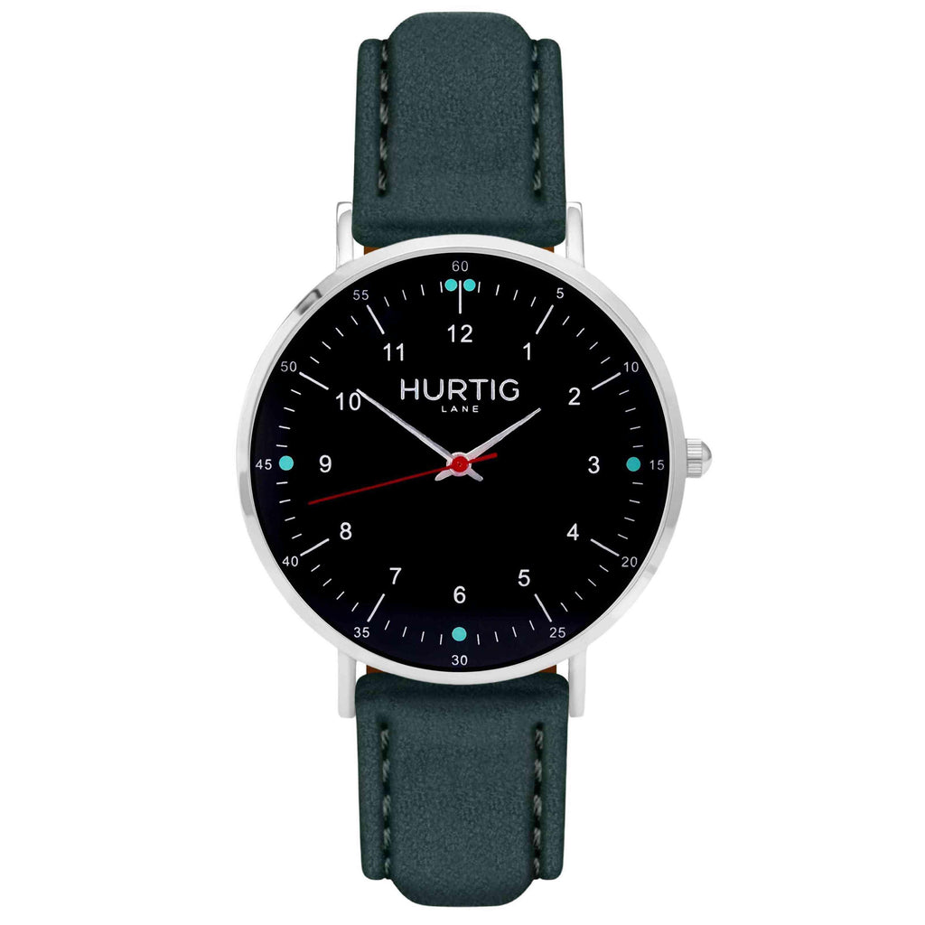 Moderna Vegan Suede Watch Silver, Black & Forest Green Watch Hurtig Lane Vegan Watches