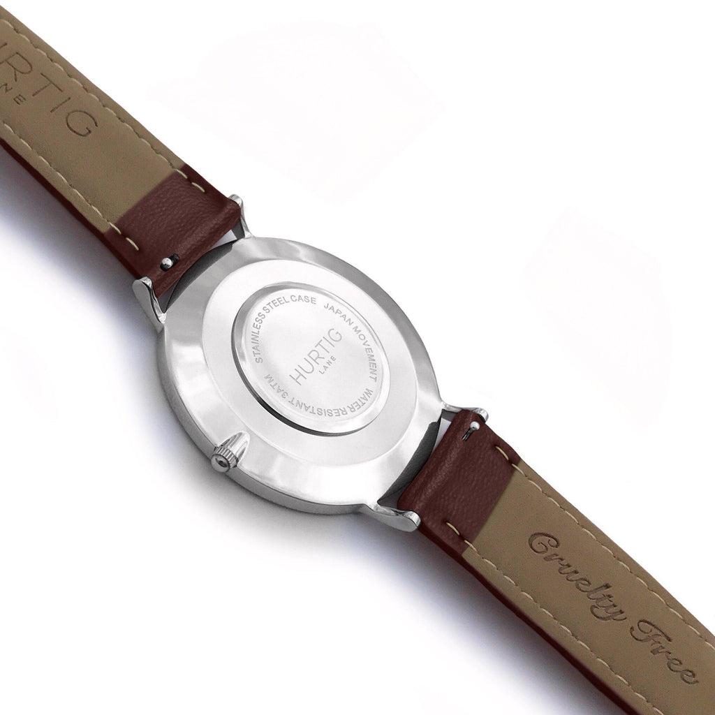 hurtig lane vegan leather watch silver, white and dark brown. Vegane uhren