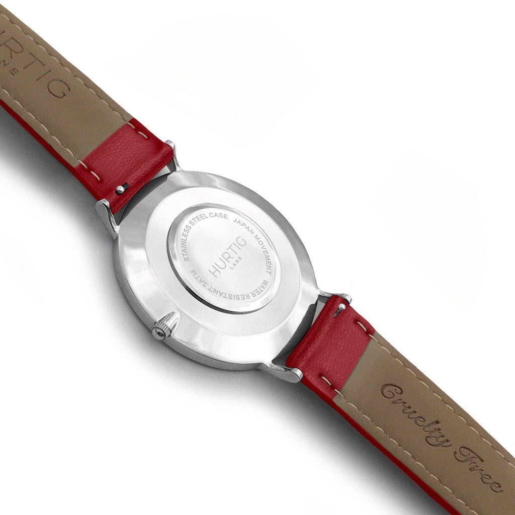 hurtig lane vegan leather watch silver, white and red. Vegane uhren