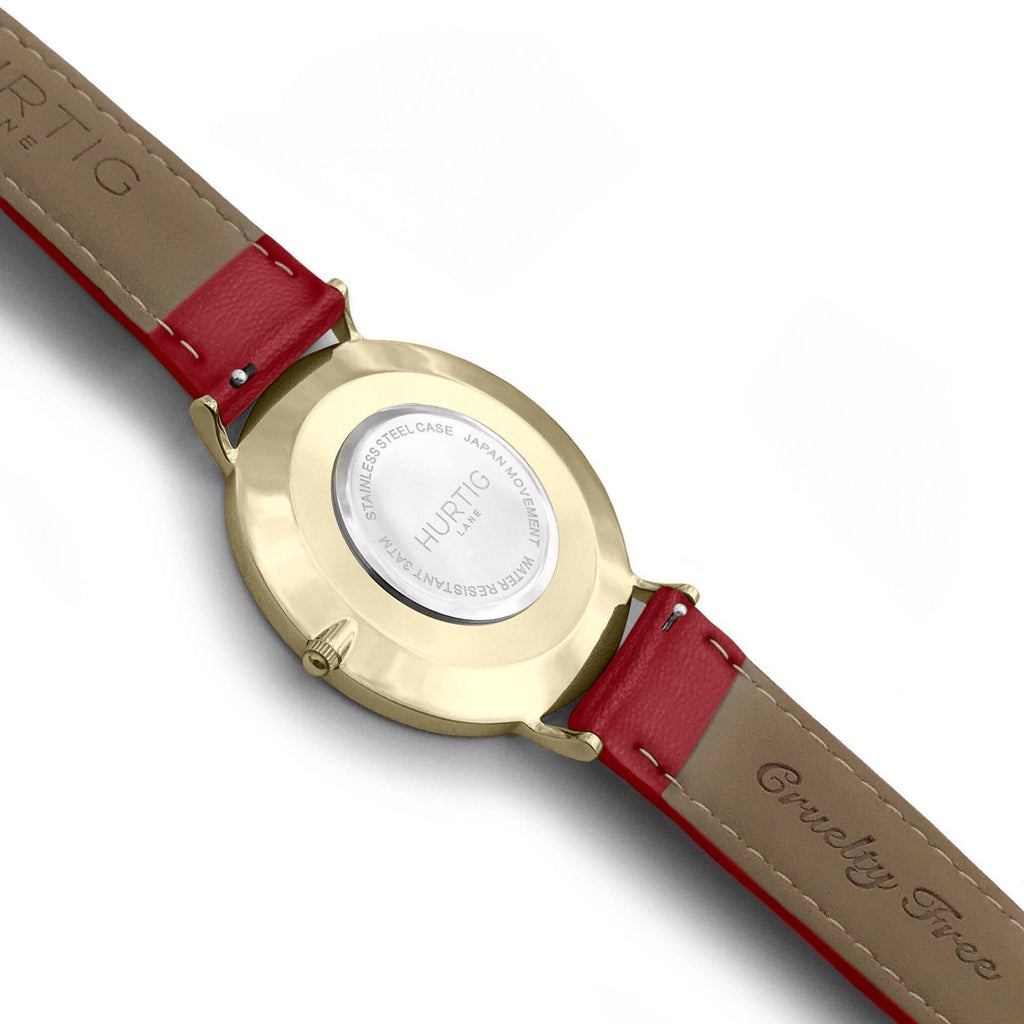 hurtig lane vegan leather watch gold,  black & red vegane uhren