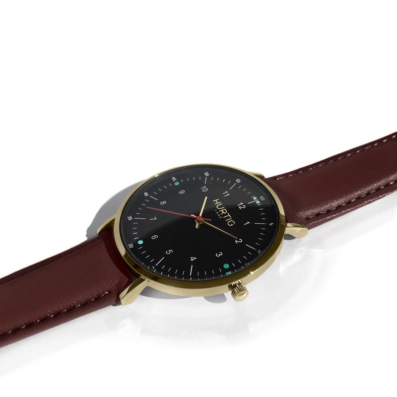 Moderna Vegan Leather Watch Gold, Black & Chestnut - Hurtig Lane - sustainable- vegan-ethical- cruelty free