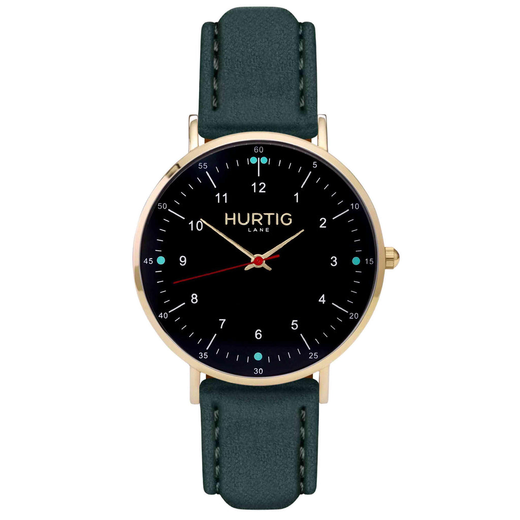 Moderna Vegan Suede Gold, Black & Forest Green Watch Hurtig Lane Vegan Watches