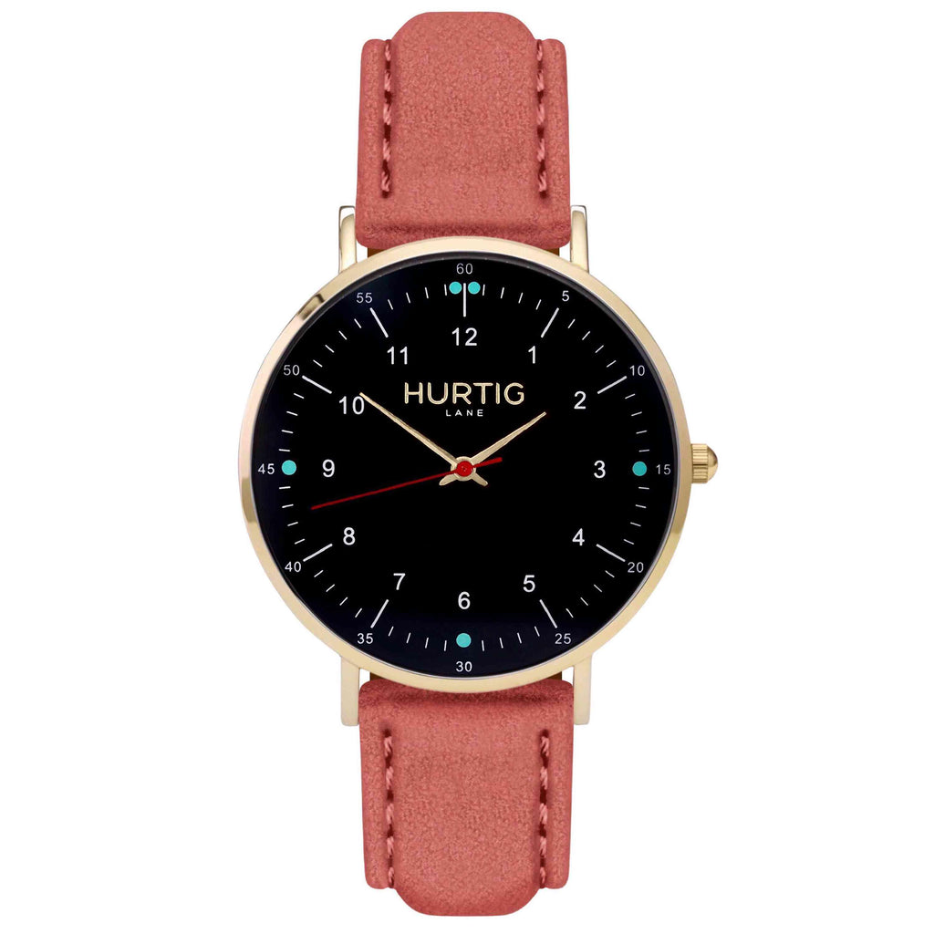 Moderna Vegan Suede Watch Gold, Black & Coral Watch Hurtig Lane Vegan Watches