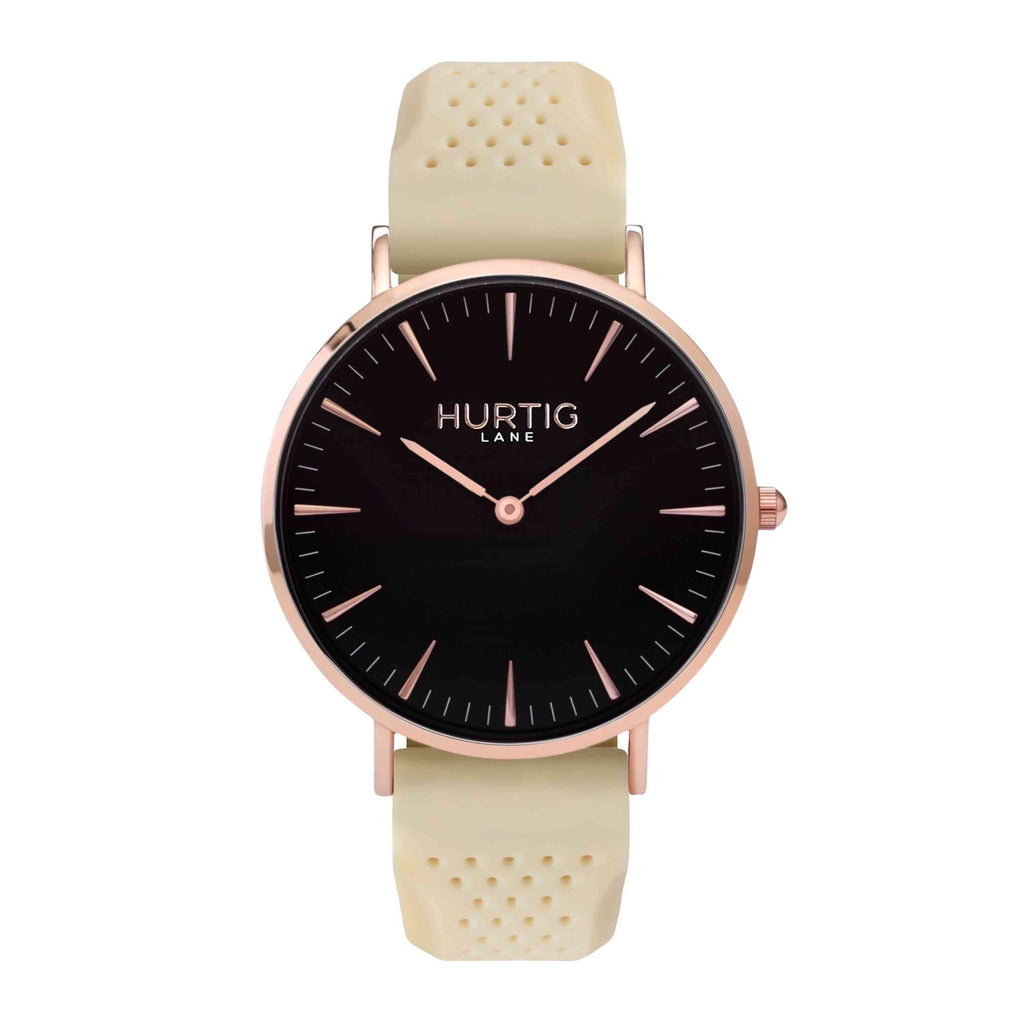 Attivo Vegan Rubber Watch Rose Gold, Black & Cream - Hurtig Lane - sustainable- vegan-ethical- cruelty free