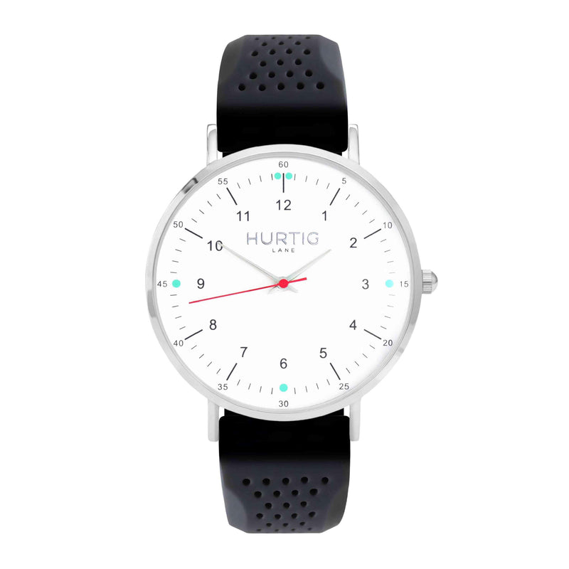 Moderno Vegan Rubber Watch Silver, White & Dark Grey - Hurtig Lane - sustainable- vegan-ethical- cruelty free