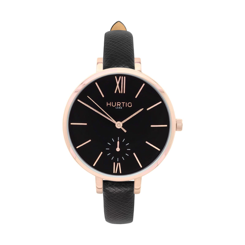 Amalfi Petite Stainless Steel Watch Rose Gold, Black & Rose Gold Watch Hurtig Lane Vegan Watches