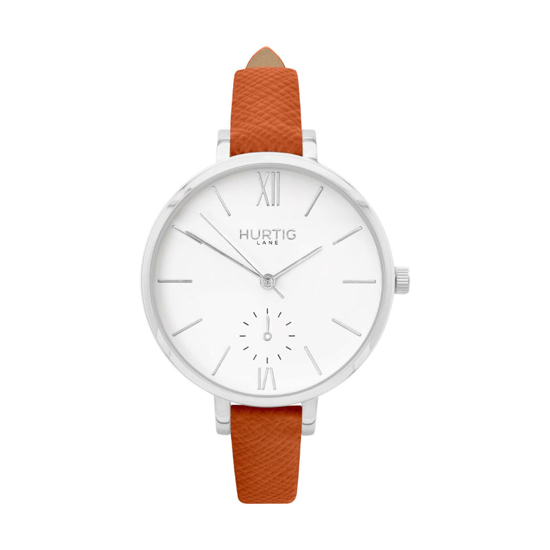 vegane uhr hurtig lane, silver, white and brown vegan leather petite women's vegan watch