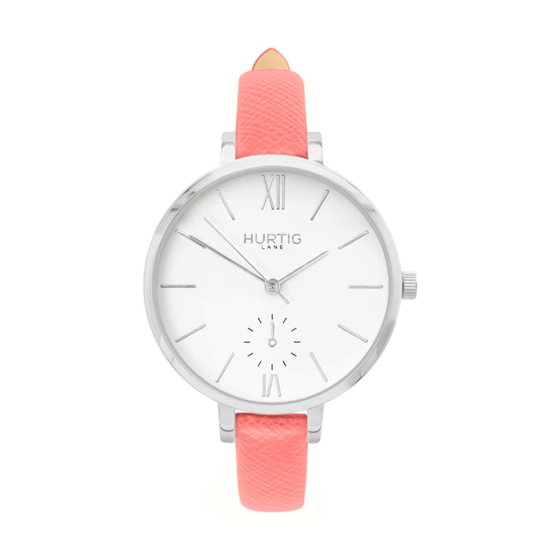 damen vegane uhren. vegan watch silver, white and pink vegan leather petite women's vegan watch