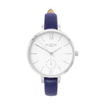 damen vegane uhren. vegan watch silver, white and blue vegan leather petite women's vegan watch