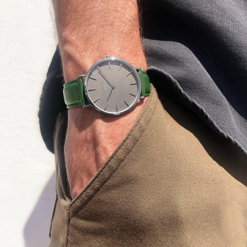 vegan men's watch silver, grey and green