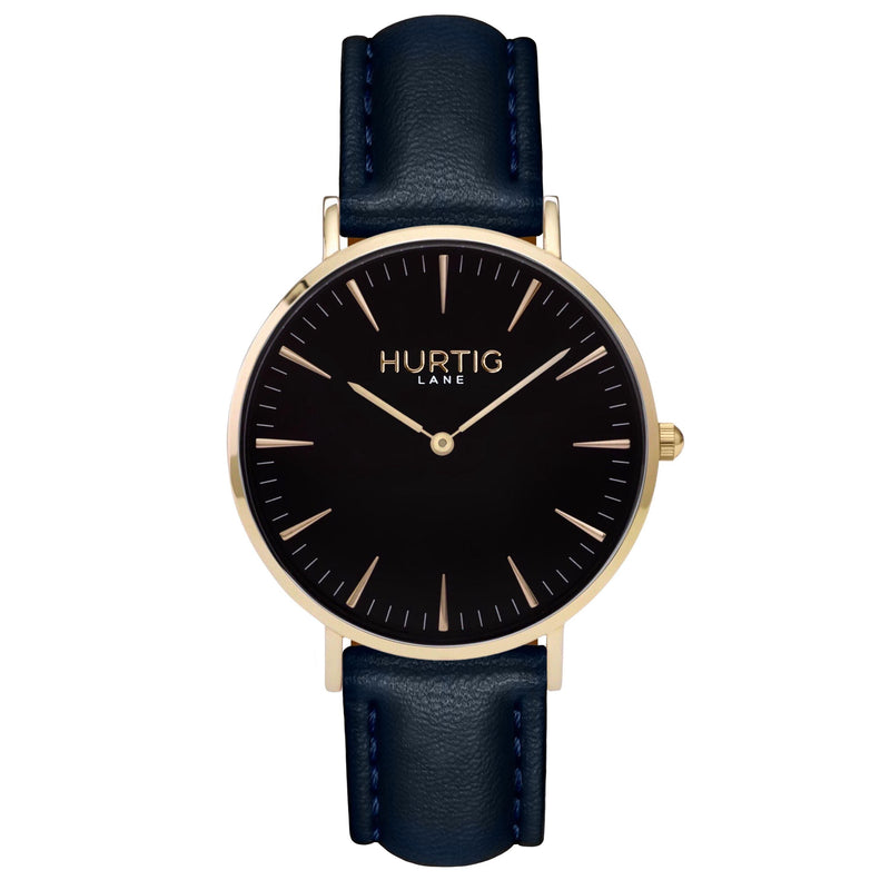 Mykonos Vegan Leather Watch Gold, Black & Midnight Blue - Hurtig Lane - sustainable- vegan-ethical- cruelty free