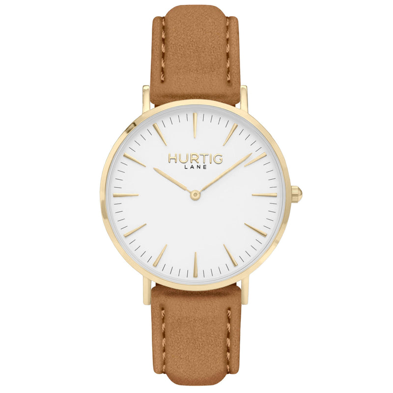 Hymnal Vegan Watch Suede Gold, White & Camel Watch Hurtig Lane Vegan Watches