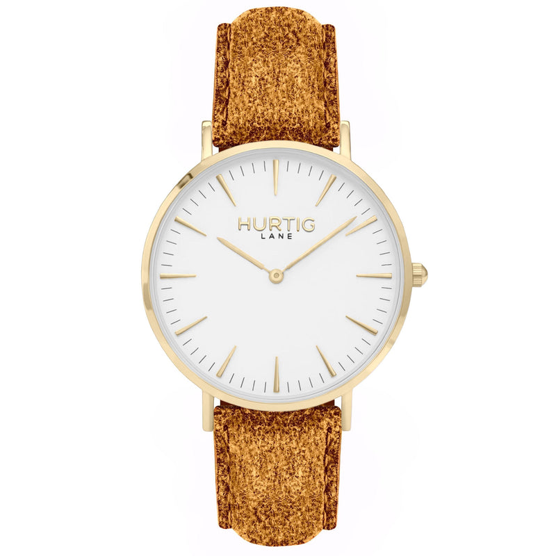 Hymnal Vegan Watch Suede Gold, White & Camel Watch Hurtig Lane Vegan Watches