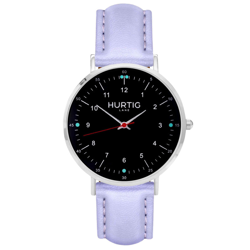 hurtig lane vegan leather watch silver,  black & lilac vegane uhren